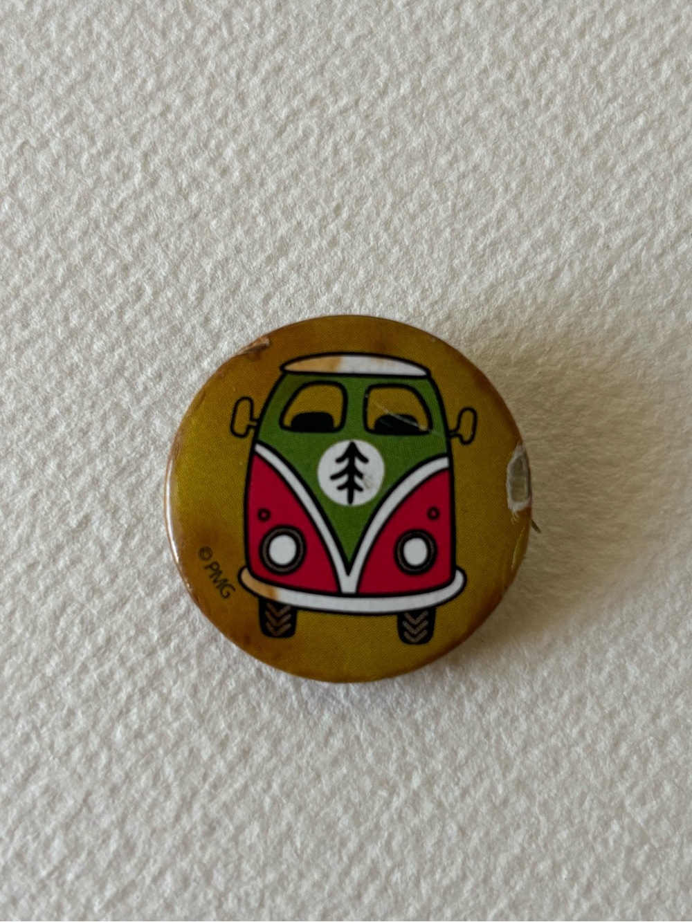 Retro Camper Van Pin - Mustard Yellow with Pink & Green Van